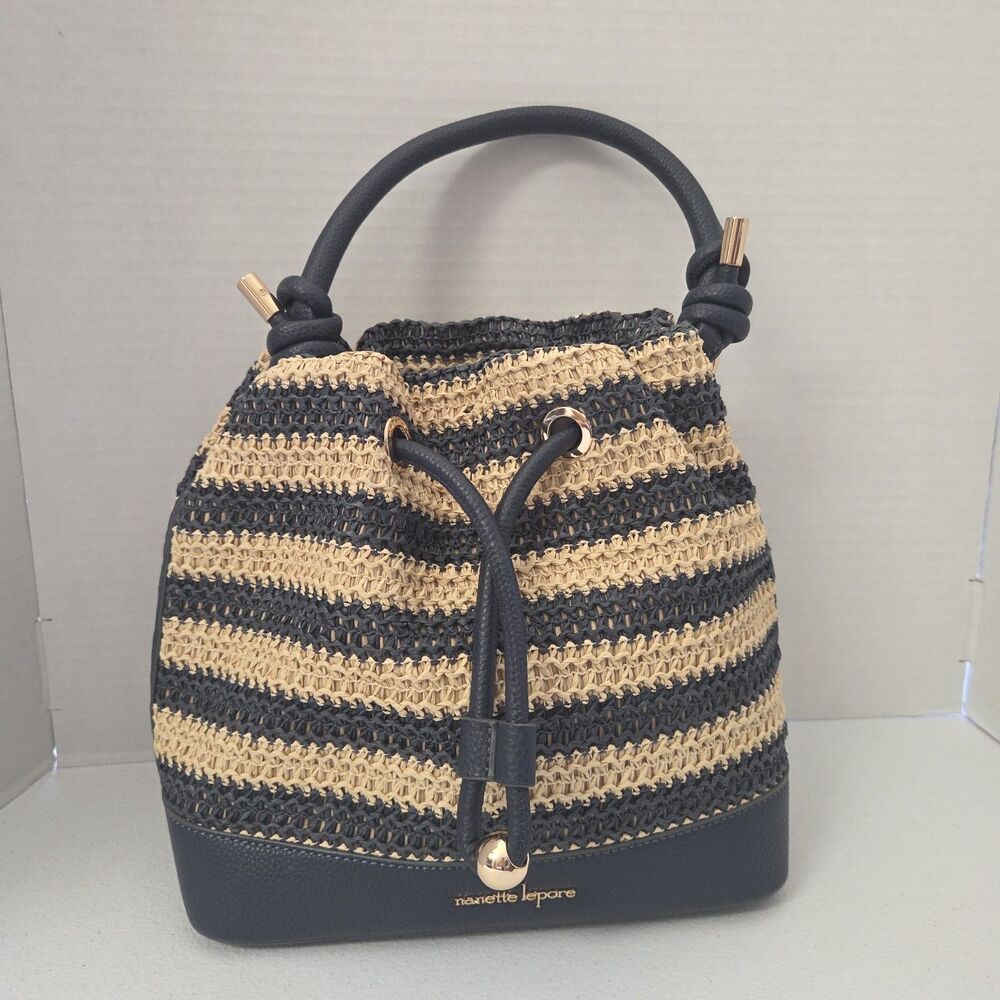 Nanette Lepore Navy Natural Raffia Woven Bucket Bag Drawstring Handbag
